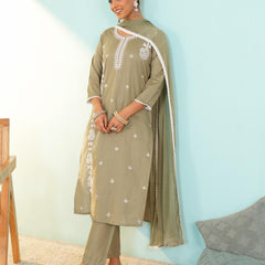 Women's Pure Cotton Embroidered Straight Kurta with Pant & Dupatta Set