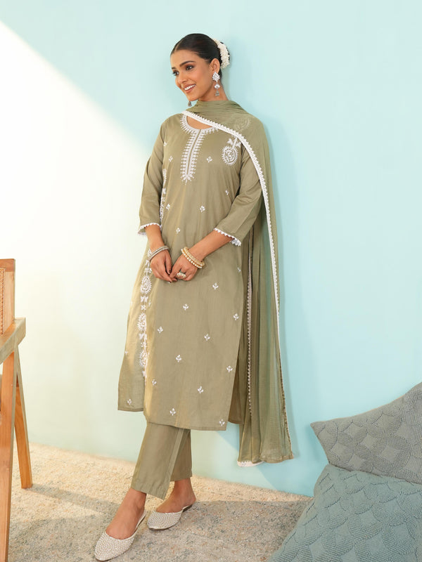 Women's Pure Cotton Embroidered Straight Kurta with Pant & Dupatta Set