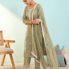 Women's Pure Cotton Embroidered Straight Kurta with Pant & Dupatta Set