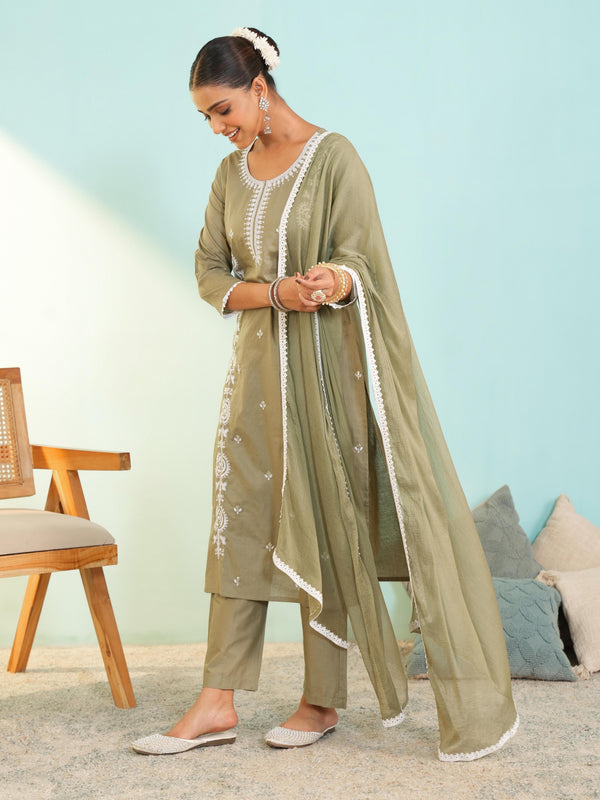 Women's Pure Cotton Embroidered Straight Kurta with Pant & Dupatta Set