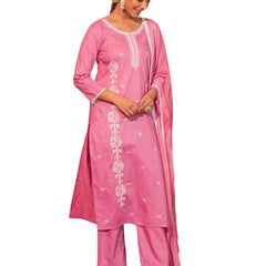 Women's Pure Cotton Embroidered Straight Kurta with Pant & Dupatta Set