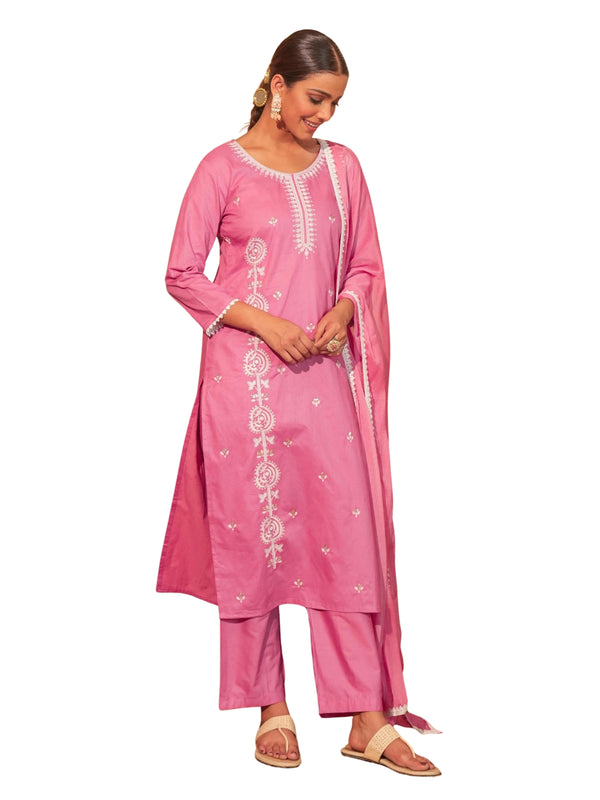 Women's Pure Cotton Embroidered Straight Kurta with Pant & Dupatta Set