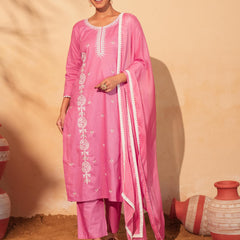 Women's Pure Cotton Embroidered Straight Kurta with Pant & Dupatta Set