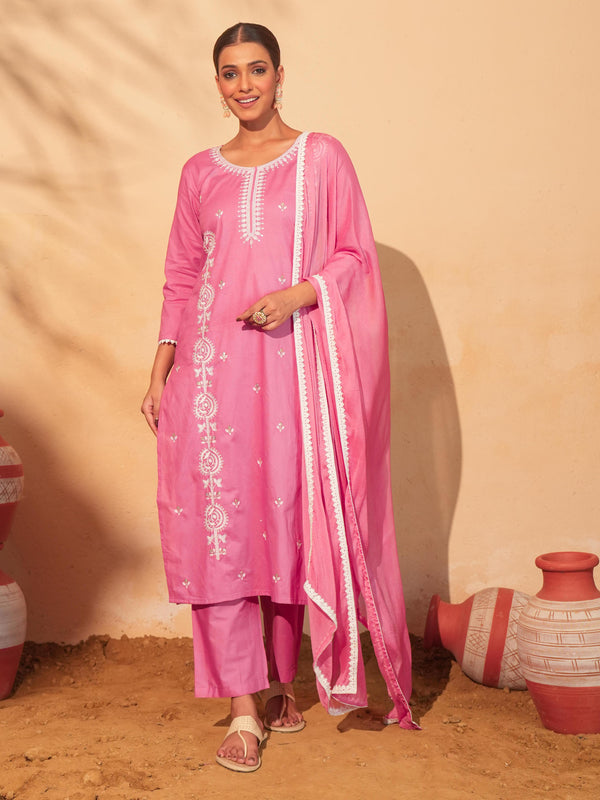Women's Pure Cotton Embroidered Straight Kurta with Pant & Dupatta Set