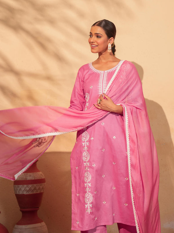 Women's Pure Cotton Embroidered Straight Kurta with Pant & Dupatta Set