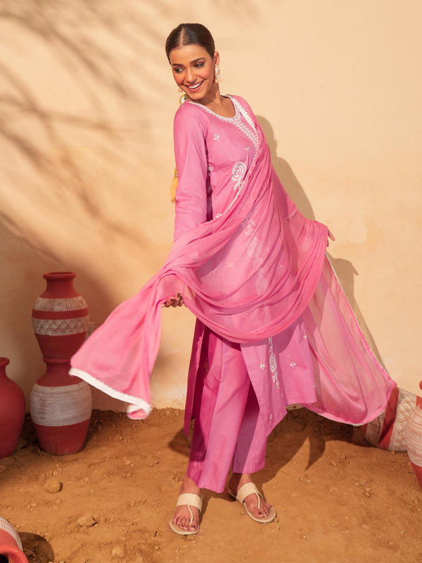 Women's Pure Cotton Embroidered Straight Kurta with Pant & Dupatta Set