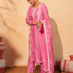 Women's Pure Cotton Embroidered Straight Kurta with Pant & Dupatta Set