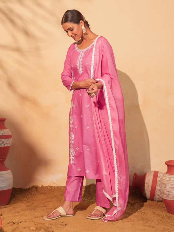 Women's Pure Cotton Embroidered Straight Kurta with Pant & Dupatta Set