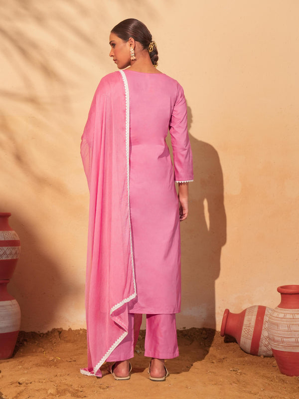 Women's Pure Cotton Embroidered Straight Kurta with Pant & Dupatta Set