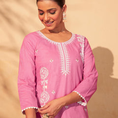 Women's Pure Cotton Embroidered Straight Kurta with Pant & Dupatta Set