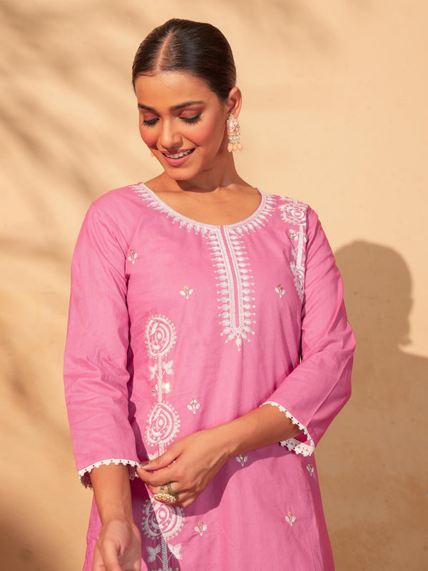 Women's Pure Cotton Embroidered Straight Kurta with Pant & Dupatta Set
