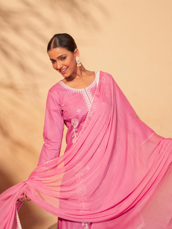 Women's Pure Cotton Embroidered Straight Kurta with Pant & Dupatta Set