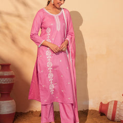 Women's Pure Cotton Embroidered Straight Kurta with Pant & Dupatta Set