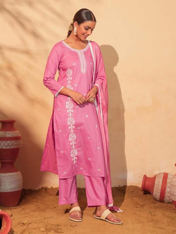 Women's Pure Cotton Embroidered Straight Kurta with Pant & Dupatta Set