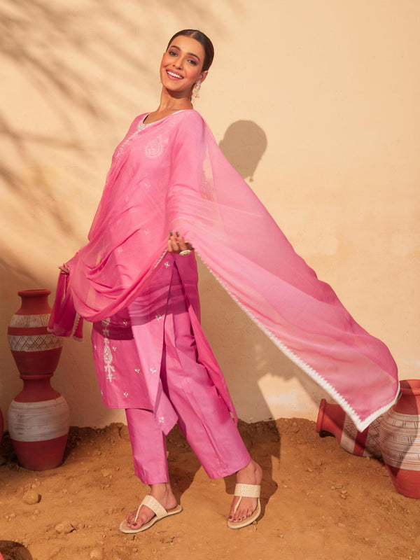 Women's Pure Cotton Embroidered Straight Kurta with Pant & Dupatta Set