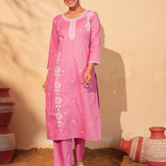 Women's Pure Cotton Embroidered Straight Kurta with Pant & Dupatta Set