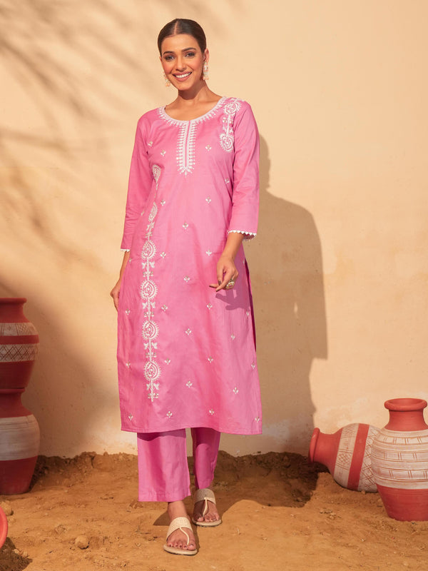 Women's Pure Cotton Embroidered Straight Kurta with Pant & Dupatta Set