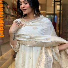 Women’s Viscose Chanderi Embroidered Straight Kurta With Bottom & Jacquard Dupatta Set