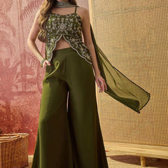 Women's Embroidered Georgette Kurta With Palazzo & Striped Dupatta Set