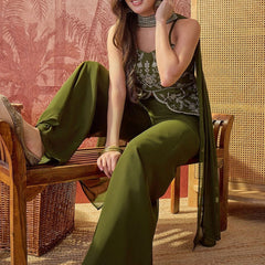 Women's Embroidered Georgette Kurta With Palazzo & Striped Dupatta Set