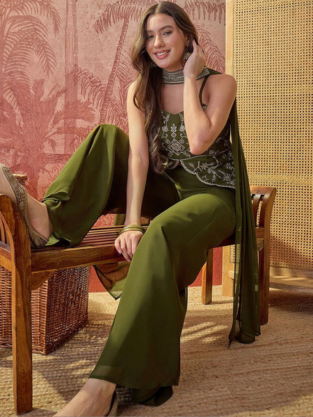 Women's Embroidered Georgette Kurta With Palazzo & Striped Dupatta Set