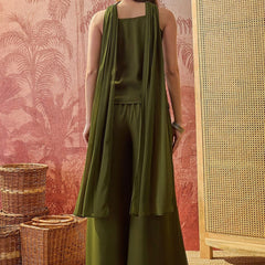 Women's Embroidered Georgette Kurta With Palazzo & Striped Dupatta Set