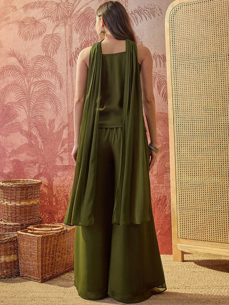 Women's Embroidered Georgette Kurta With Palazzo & Striped Dupatta Set