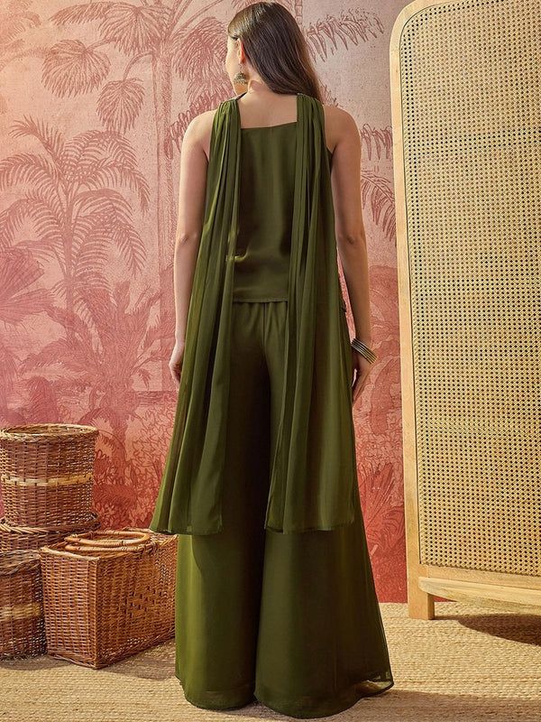 Women's Embroidered Georgette Kurta With Palazzo & Striped Dupatta Set