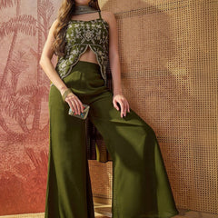 Women's Embroidered Georgette Kurta With Palazzo & Striped Dupatta Set