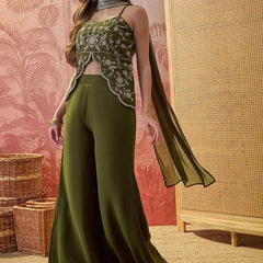 Women's Embroidered Georgette Kurta With Palazzo & Striped Dupatta Set