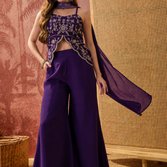 Women's Embroidered Georgette Kurta With Palazzo & Striped Dupatta Set