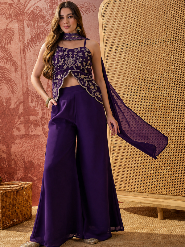 Women's Embroidered Georgette Kurta With Palazzo & Striped Dupatta Set