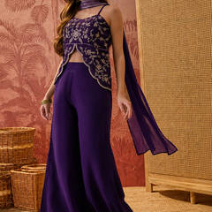 Women's Embroidered Georgette Kurta With Palazzo & Striped Dupatta Set
