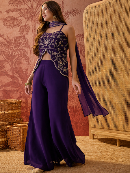 Women's Embroidered Georgette Kurta With Palazzo & Striped Dupatta Set