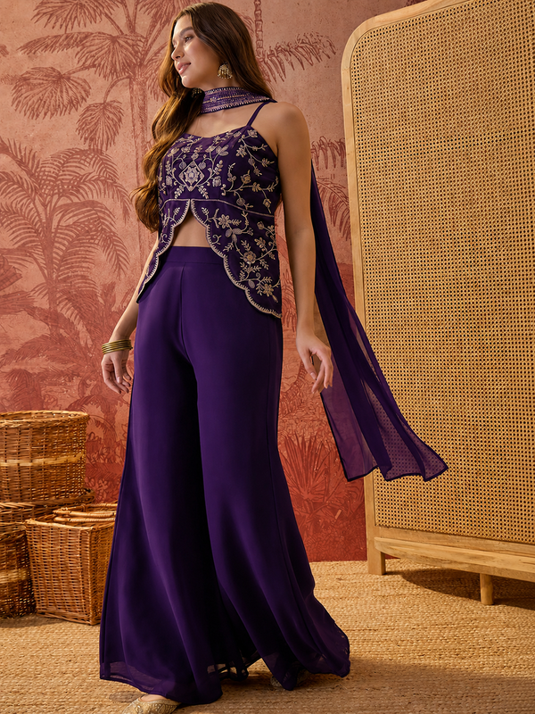 Women's Embroidered Georgette Kurta With Palazzo & Striped Dupatta Set