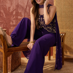 Women's Embroidered Georgette Kurta With Palazzo & Striped Dupatta Set