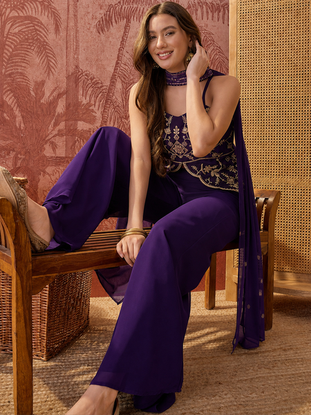 Women's Embroidered Georgette Kurta With Palazzo & Striped Dupatta Set