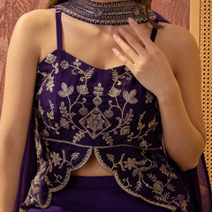 Women's Embroidered Georgette Kurta With Palazzo & Striped Dupatta Set