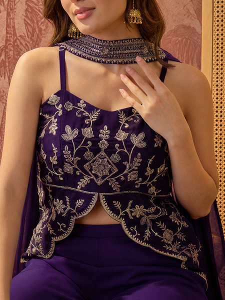 Women's Embroidered Georgette Kurta With Palazzo & Striped Dupatta Set