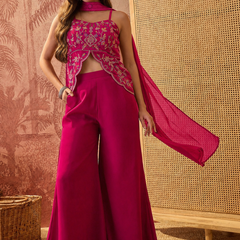 Women's Embroidered Georgette Kurta With Palazzo & Striped Dupatta Set