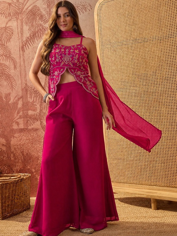 Women's Embroidered Georgette Kurta With Palazzo & Striped Dupatta Set