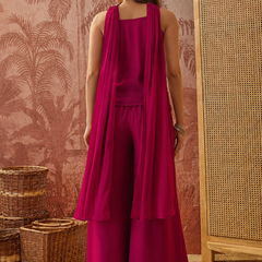 Women's Embroidered Georgette Kurta With Palazzo & Striped Dupatta Set