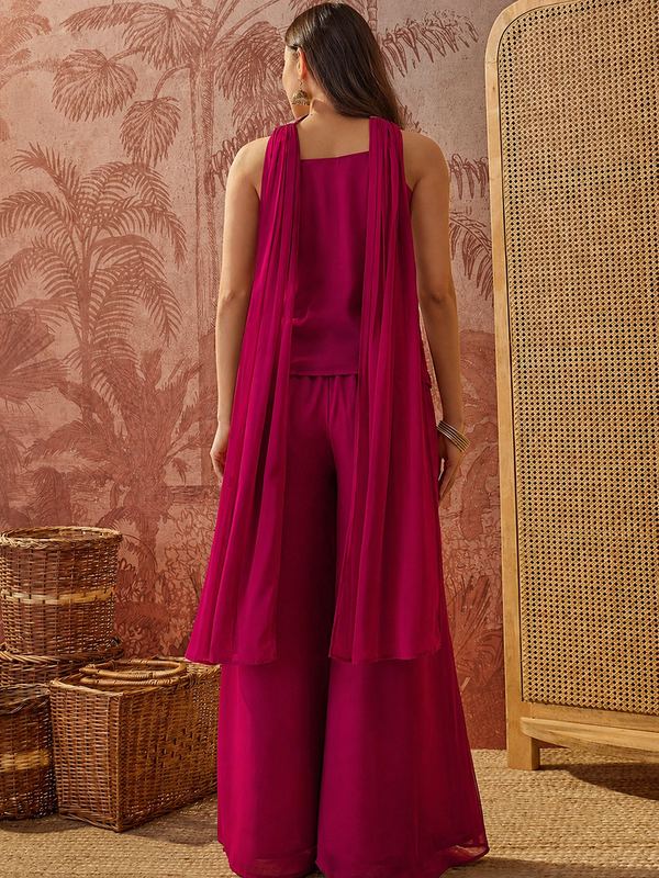 Women's Embroidered Georgette Kurta With Palazzo & Striped Dupatta Set