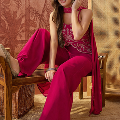 Women's Embroidered Georgette Kurta With Palazzo & Striped Dupatta Set