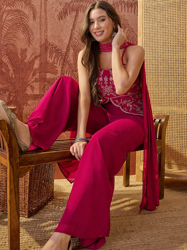 Women's Embroidered Georgette Kurta With Palazzo & Striped Dupatta Set