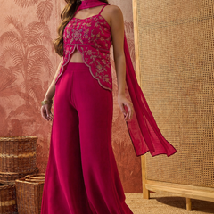 Women's Embroidered Georgette Kurta With Palazzo & Striped Dupatta Set