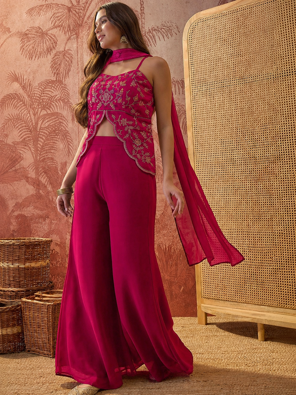 Women's Embroidered Georgette Kurta With Palazzo & Striped Dupatta Set