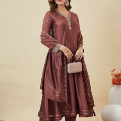 Women's Silk Straight Kurta Pant Set With Matching Silk Dupatta