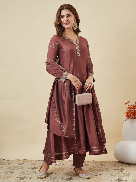 Women's Silk Straight Kurta Pant Set With Matching Silk Dupatta