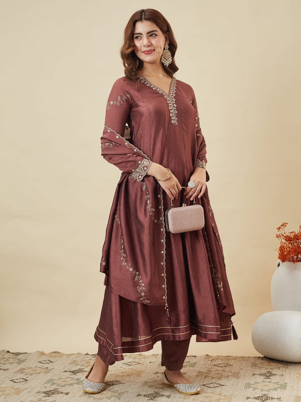 Women's Silk Straight Kurta Pant Set With Matching Silk Dupatta